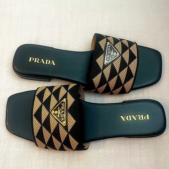 NWOB Prada Women's Embroidered Fabric Slides in Black/Beige - Picture 11 of 14